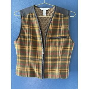 Vintage Casual Corner Wool Vest Womens Sz 8 Plaid Full Zip Faux Leather Lined